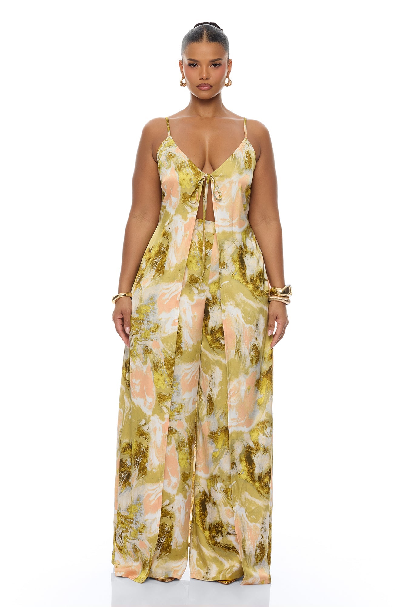 Off To The Tropics Satin Pant Set - Green/combo