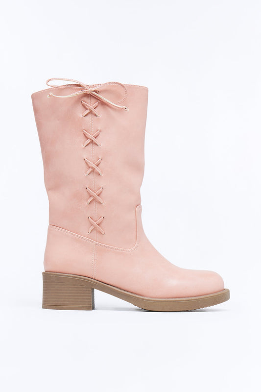 Springy Lace Up Bow Boots - Pink Fashion Nova