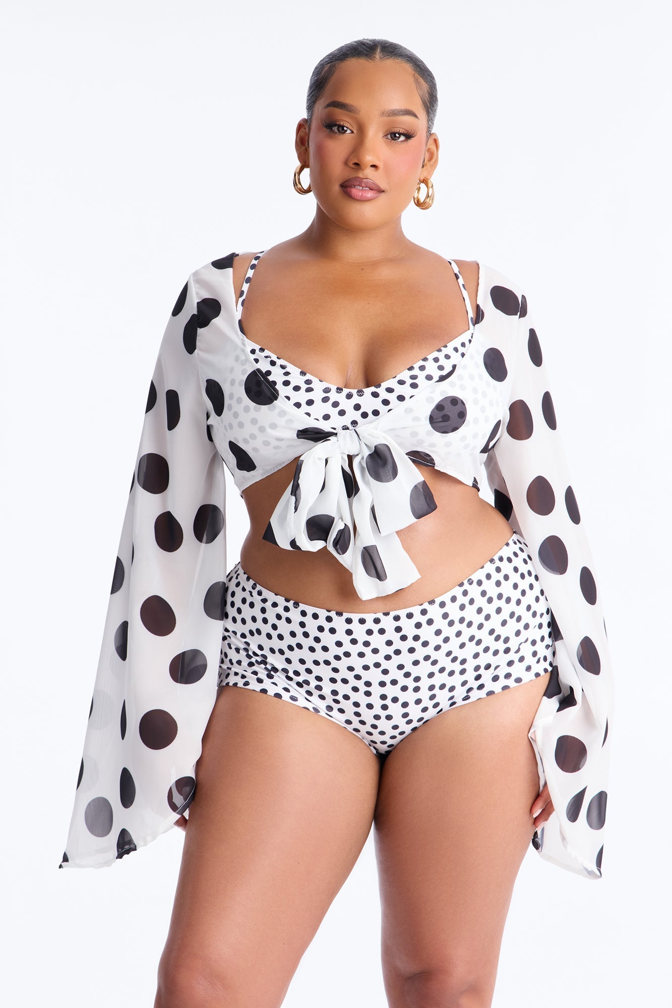 Warm Vacay Sheer Flare Sleeve Front Tie Boyshort 3 Piece Bikini Set - White/Black Fashion Nova