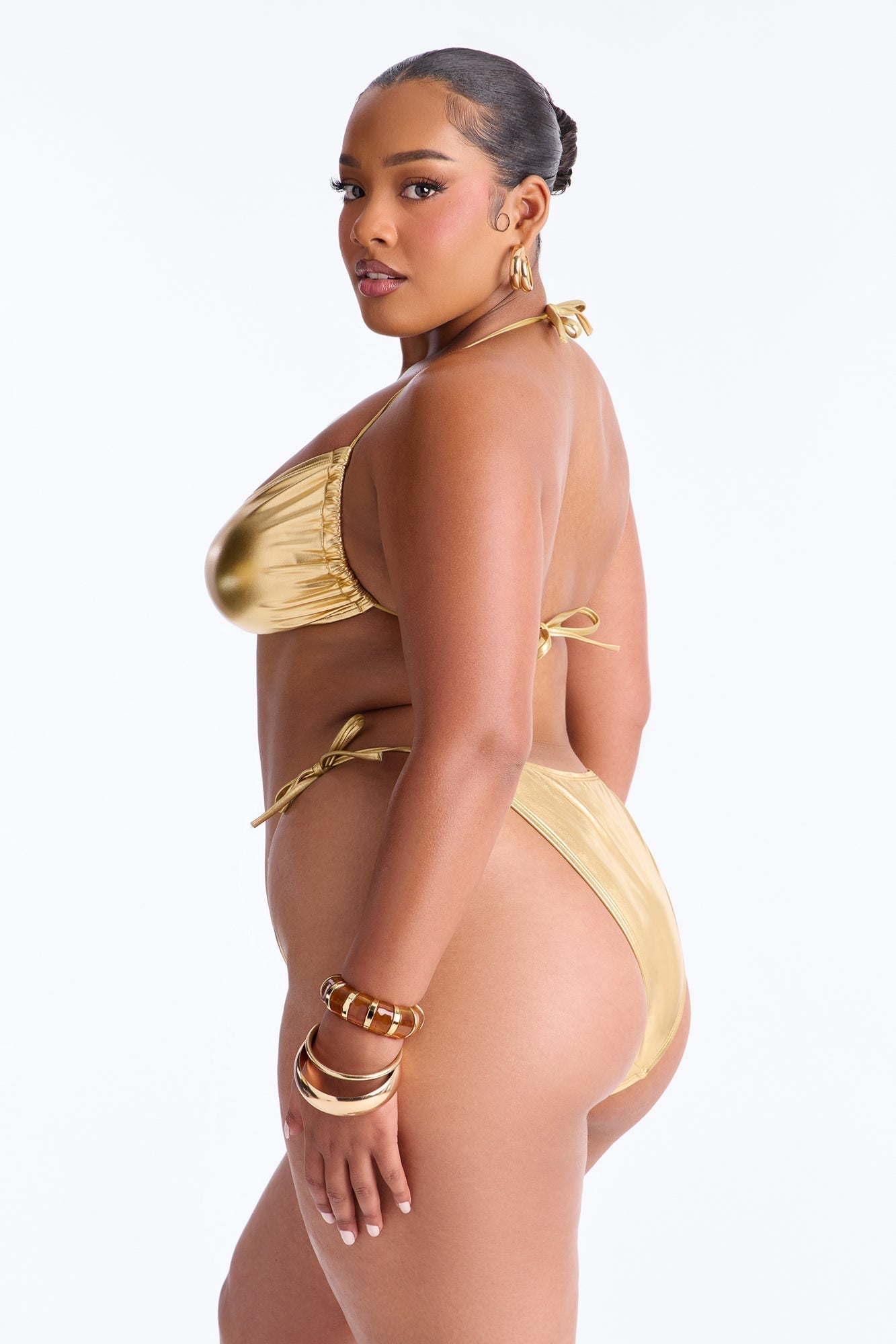 Gaia 3 Piece Metallic Bandeau Bikini & Skirt Set - Gold Fashion Nova