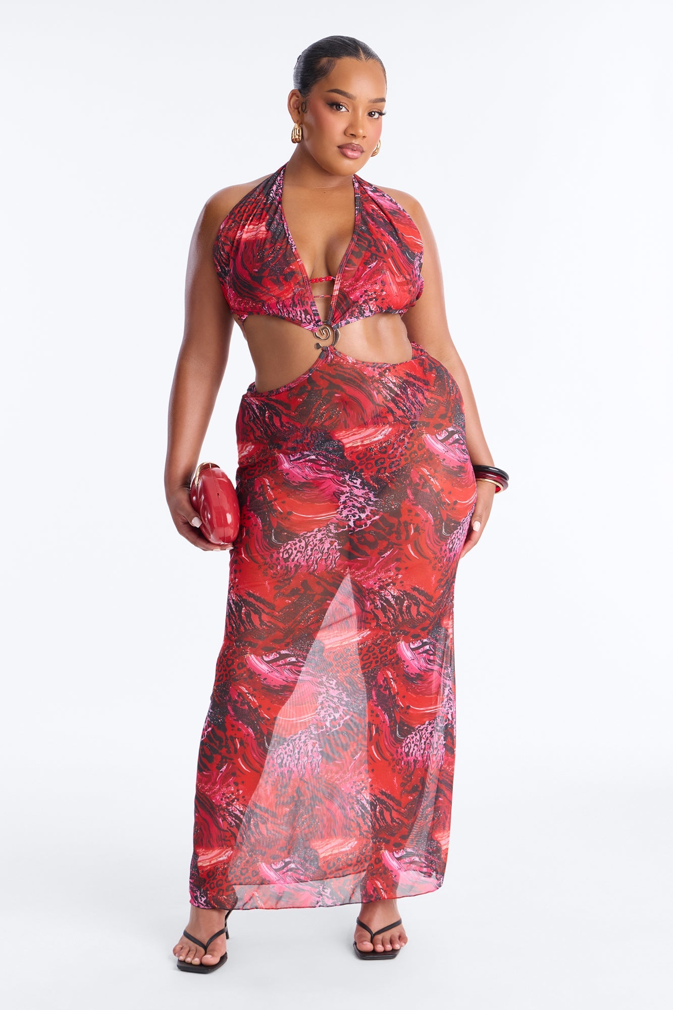 Azure Aura Mesh Beaded 3 Piece Bikini Sunsuit - Red/combo
