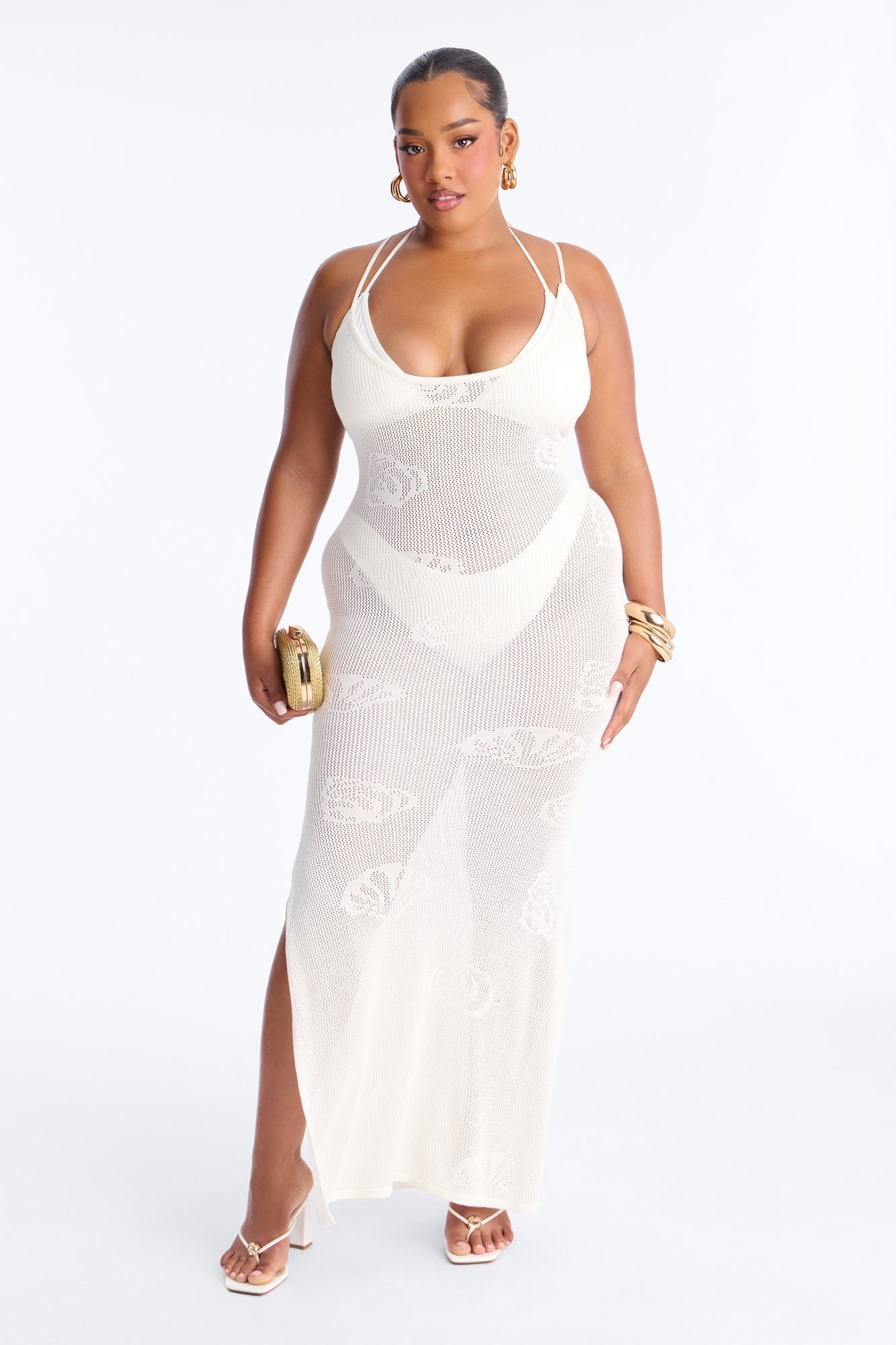 Oliva Crochet Seashells Maxi Swim Cover Up Dress - White Fashion Nova