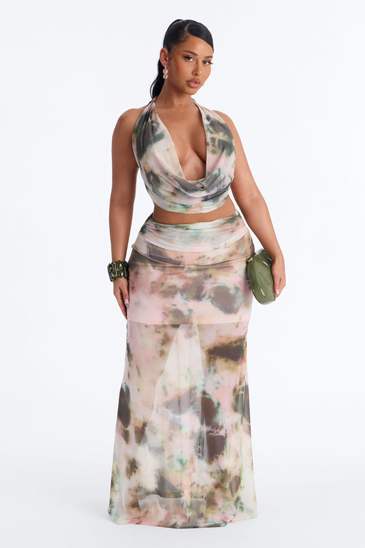 Davina Mesh Halter Maxi Skirt Set - Pink/combo