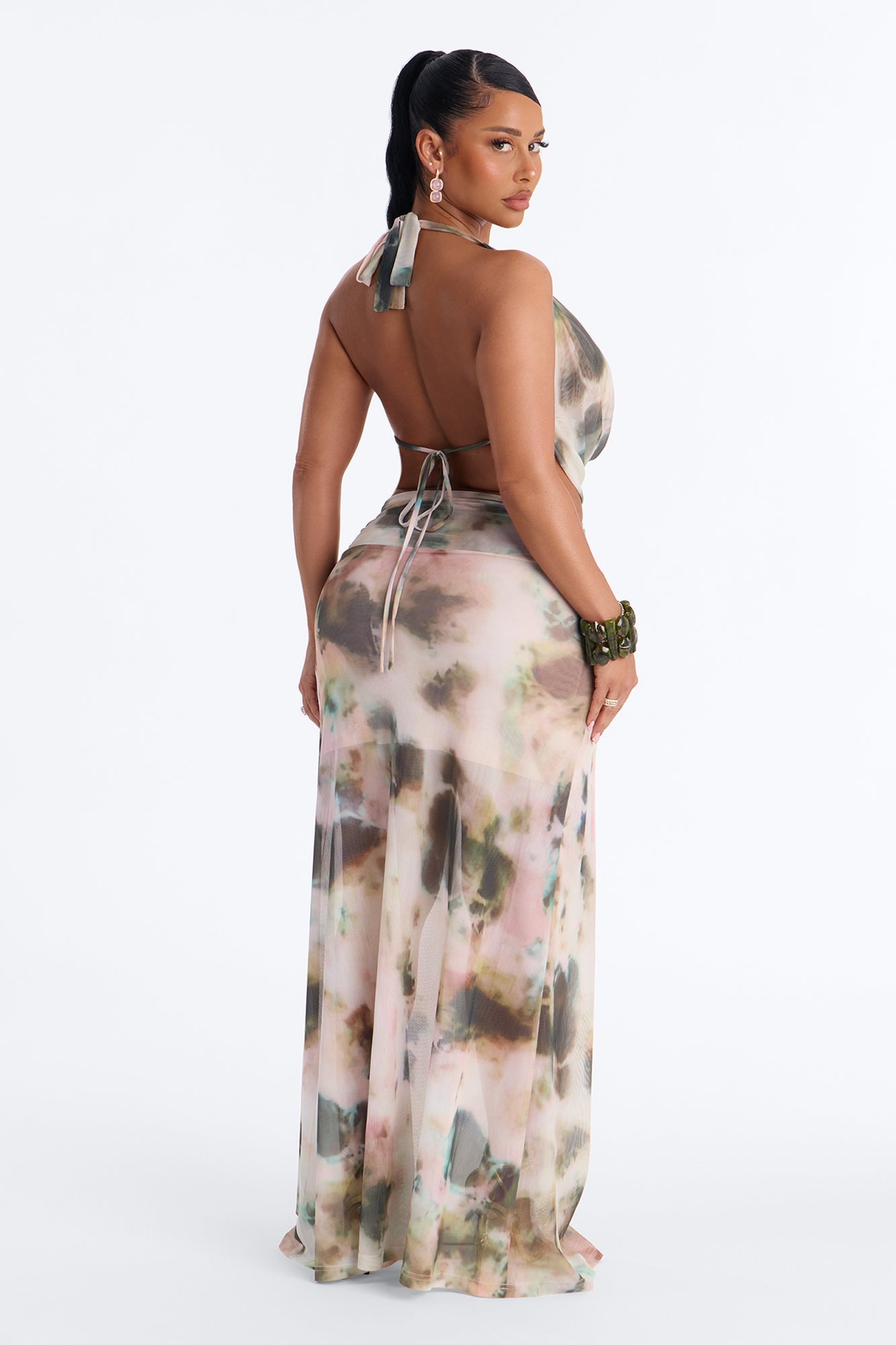 Davina Mesh Halter Maxi Skirt Set - Pink/combo