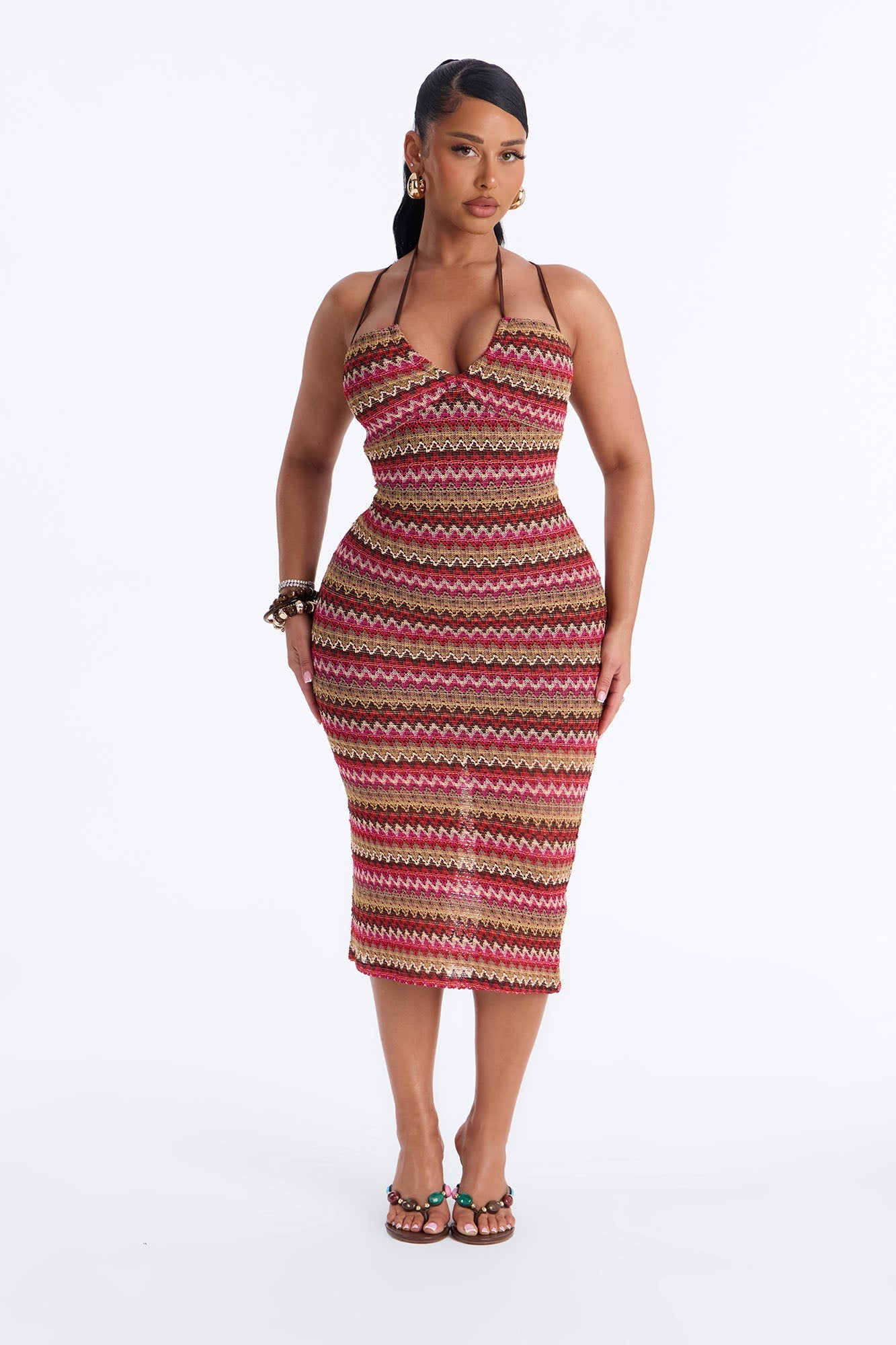 Sacha Chevron Crochet Midi Dress - Brown/combo Fashion Nova