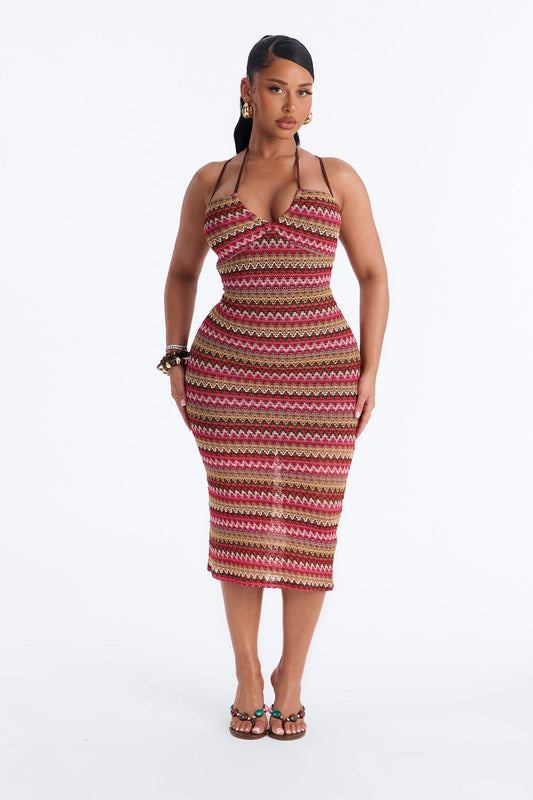 Sacha Chevron Crochet Midi Dress - Brown/combo Fashion Nova