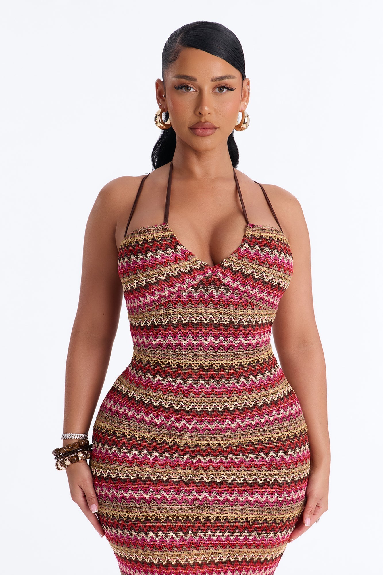 Sacha Chevron Crochet Midi Dress - Brown/combo Fashion Nova