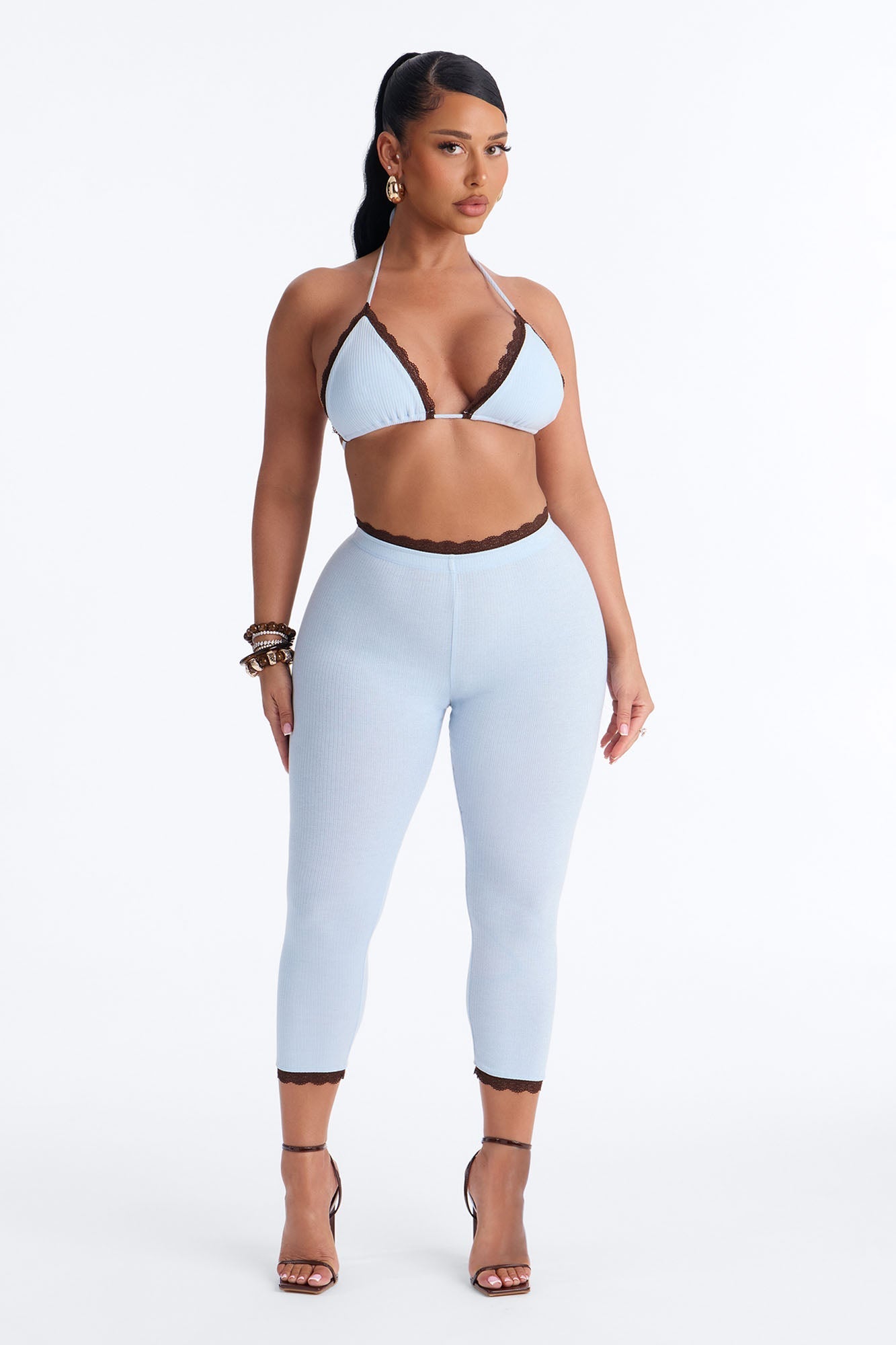 Your's Truly Laced Ribbed Capri Set - Light Blue Fashion Nova
