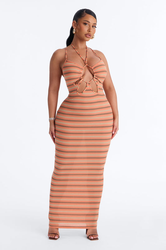 Turning Heads Cut Out Ribbed Maxi Dress - Orange/combo Fashion Nova