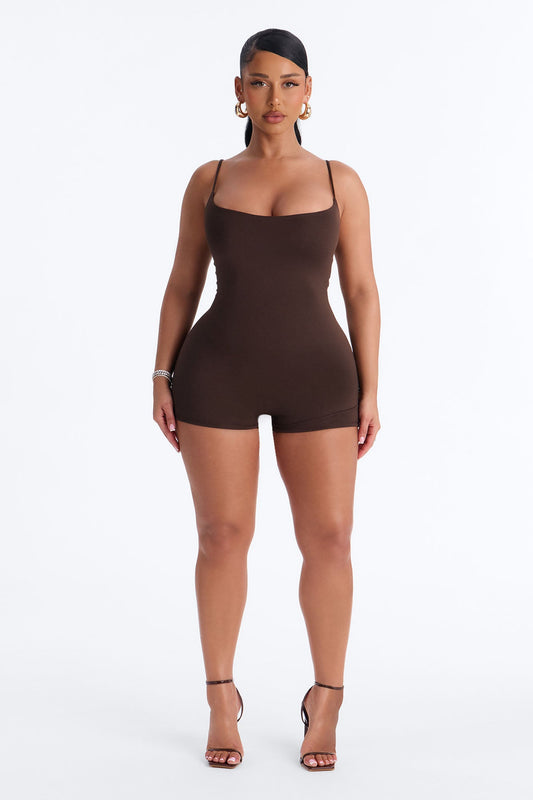 Full Form Double Layer Biker Short Romper - Chocolate