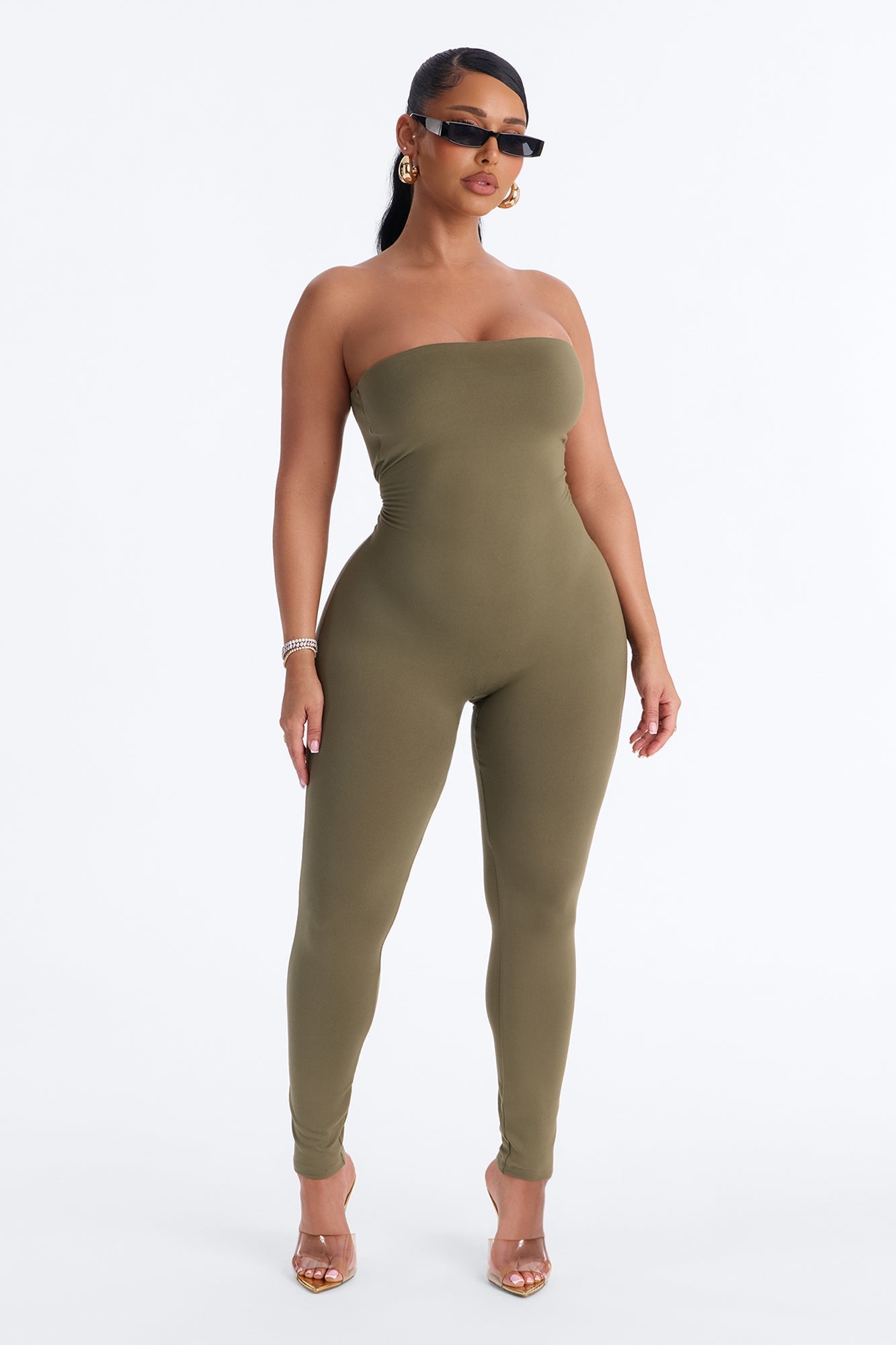 Body Language Skinny Strapless Catsuit - Olive Fashion Nova