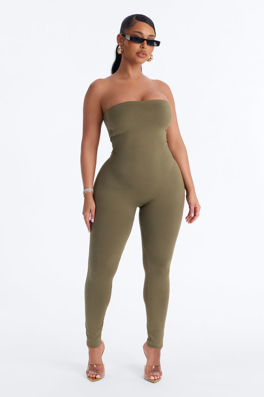 Body Language Skinny Strapless Catsuit - Olive Fashion Nova