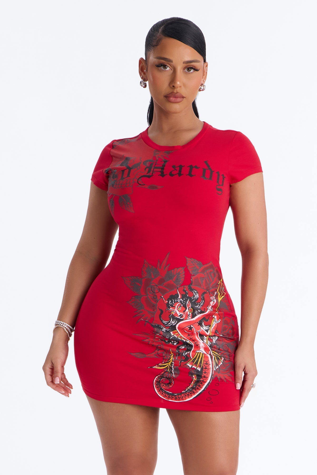 Ed Hardy Mermaid Girl TShirt Mini Dress - Red Fashion Nova