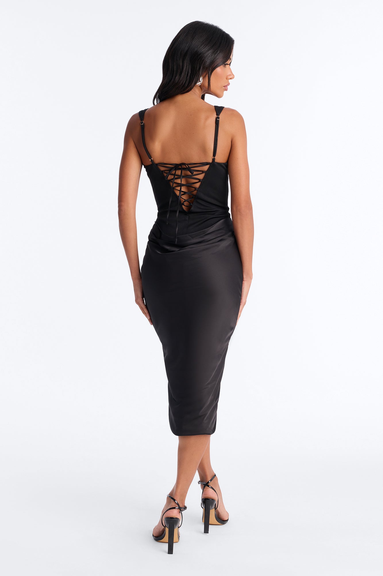 Haley Corset Draped Satin Midi Dress - Black Fashion Nova
