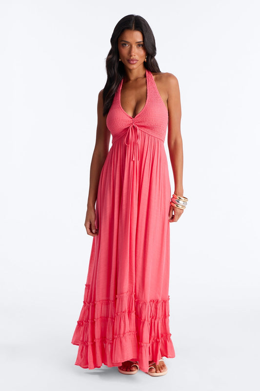 Freya Smocked Linen Maxi Dress - Coral Fashion Nova