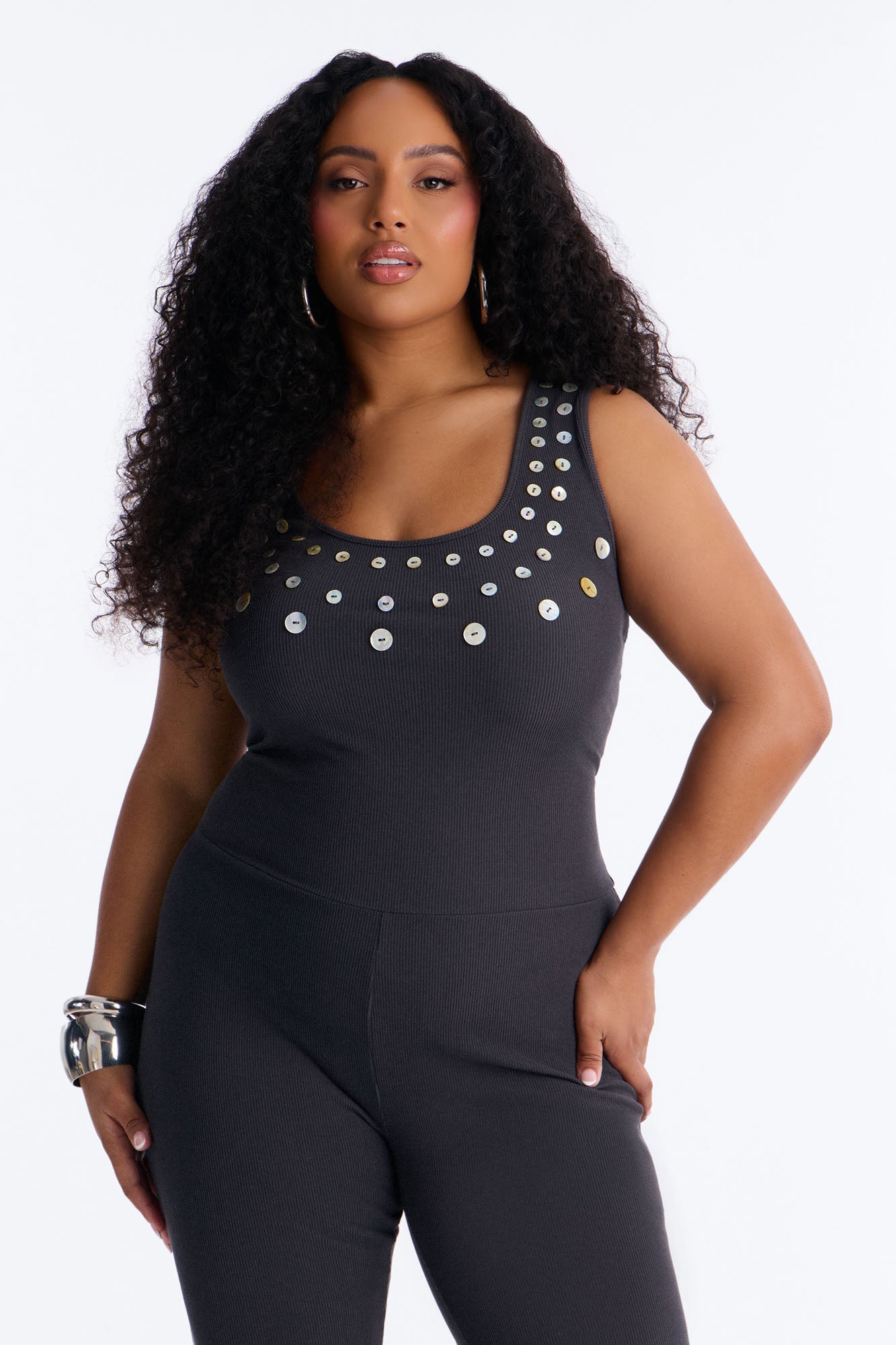 Rio Ribbed Flare Leg Jumpsuit - Charcoal