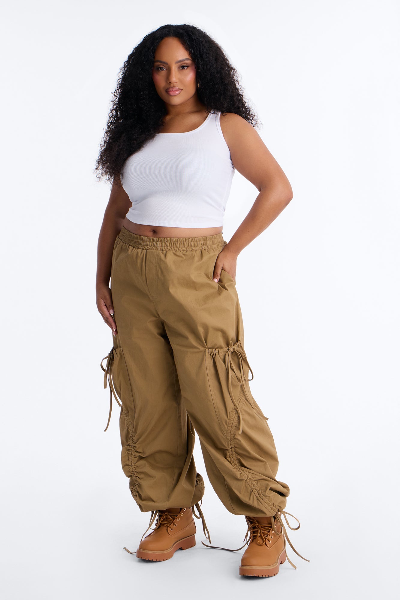 Gemma Low Rise Ruched Jogger Cargo Pant 30″ - Camel