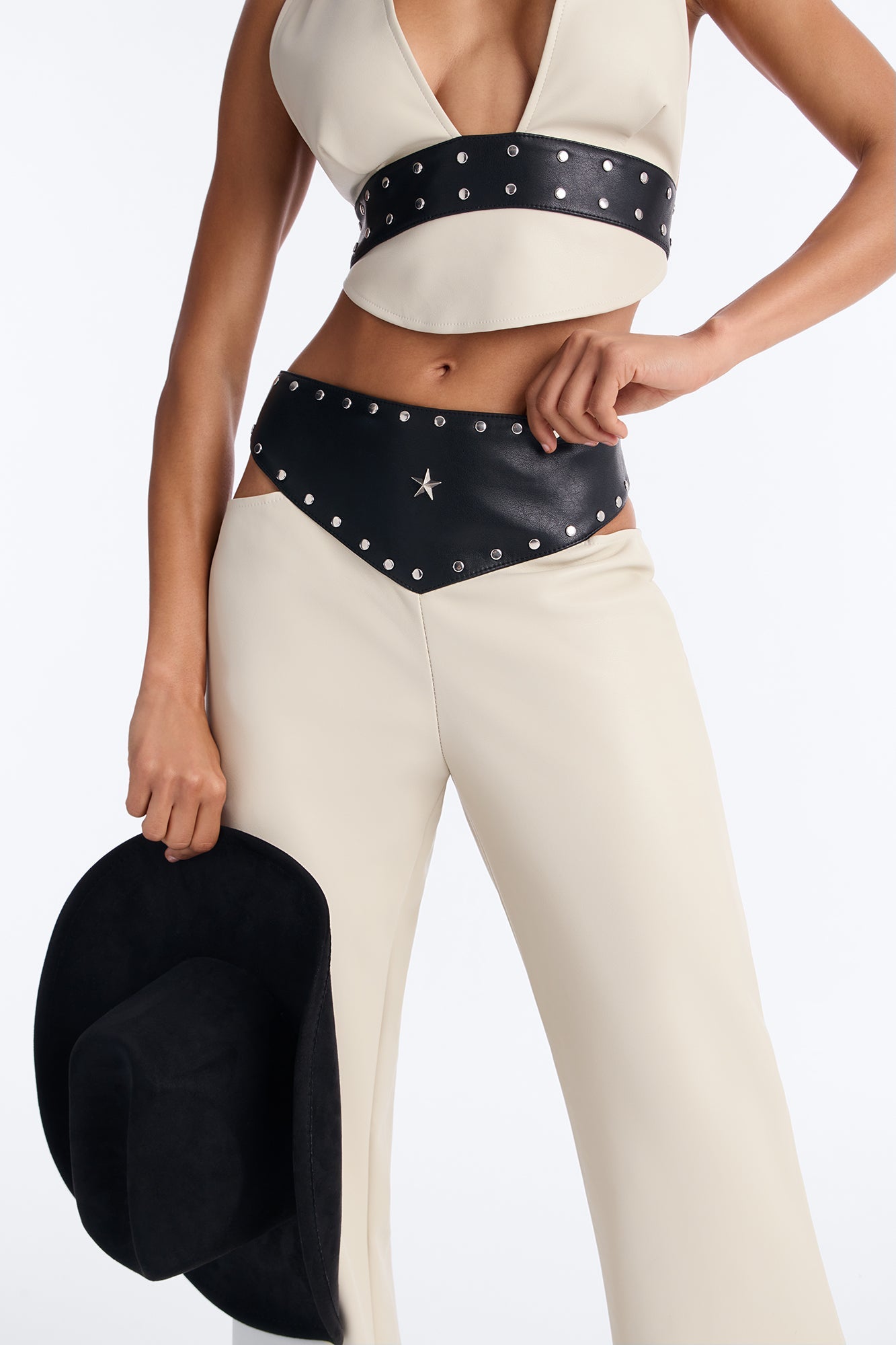 Natasha Faux Leather Studded Pant Set - Cream