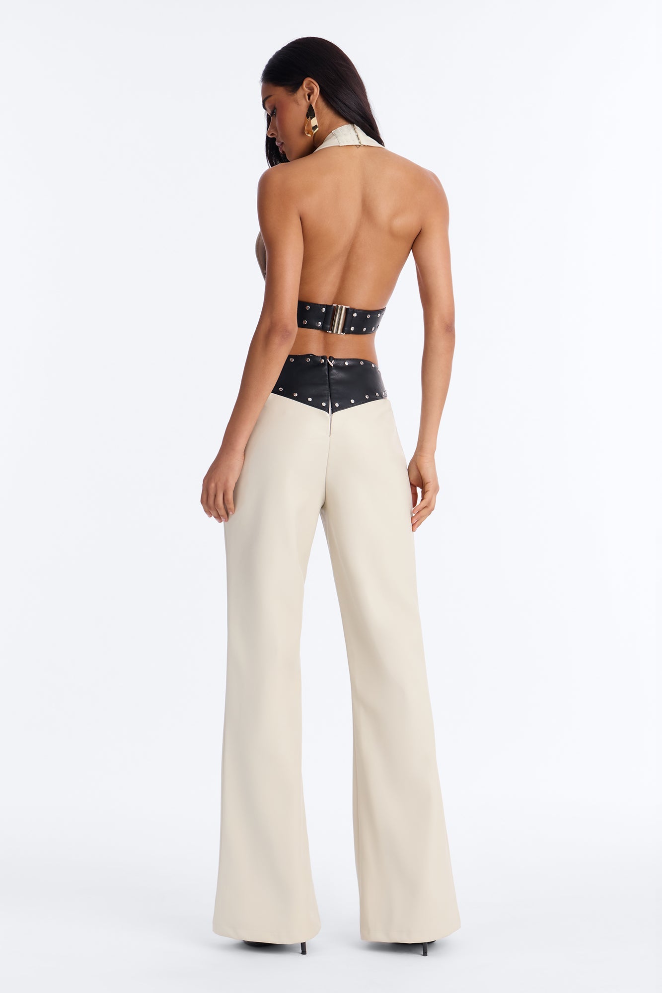 Natasha Faux Leather Studded Pant Set - Cream