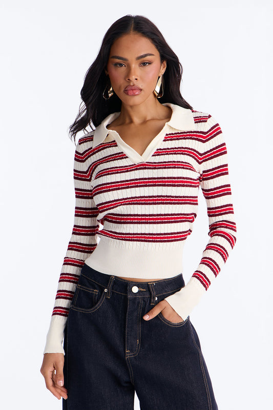 Settle Down Striped Sweater Top - Red/combo