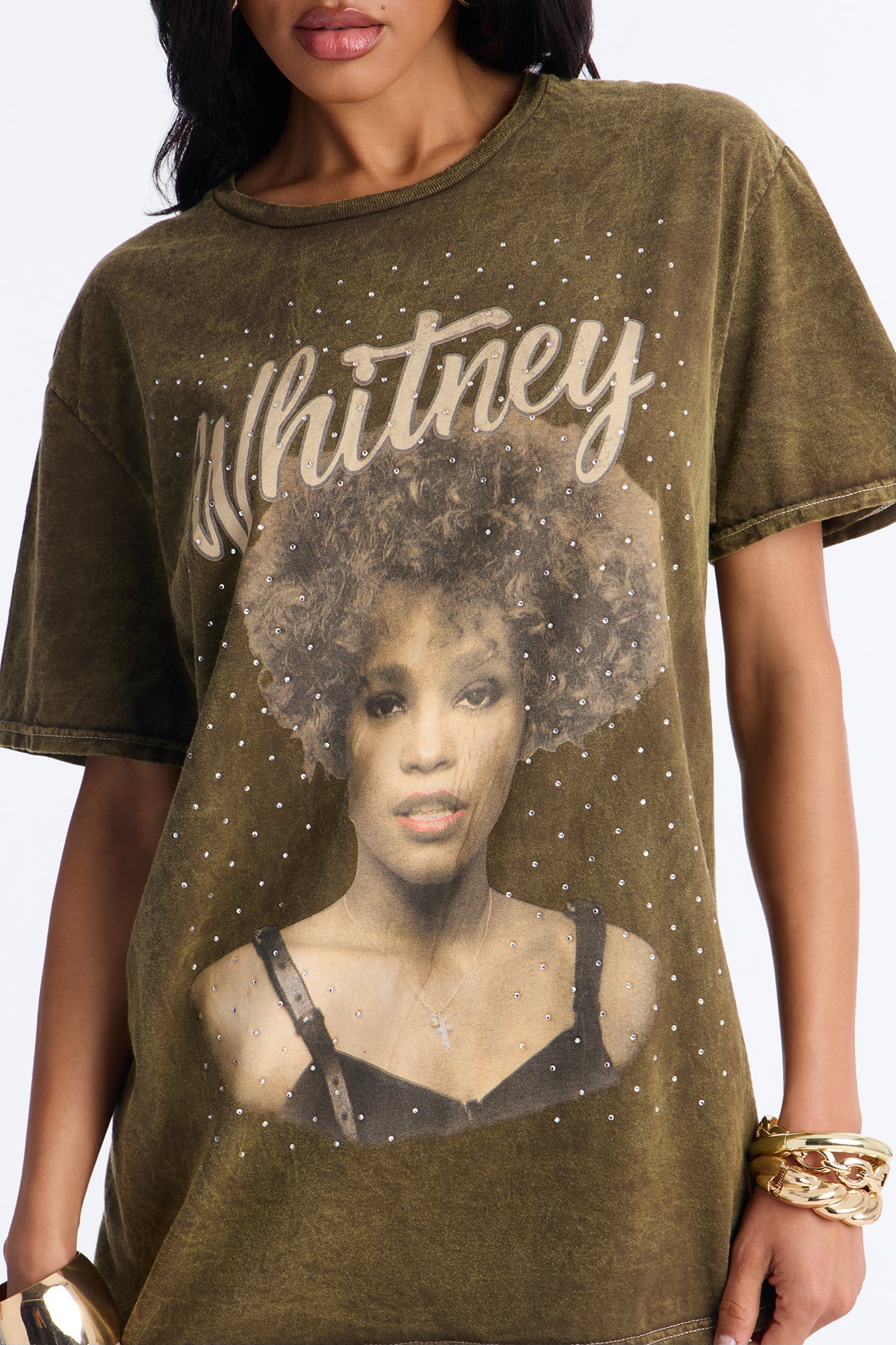 Whitney Washed Tee With Rhinestones - Brown