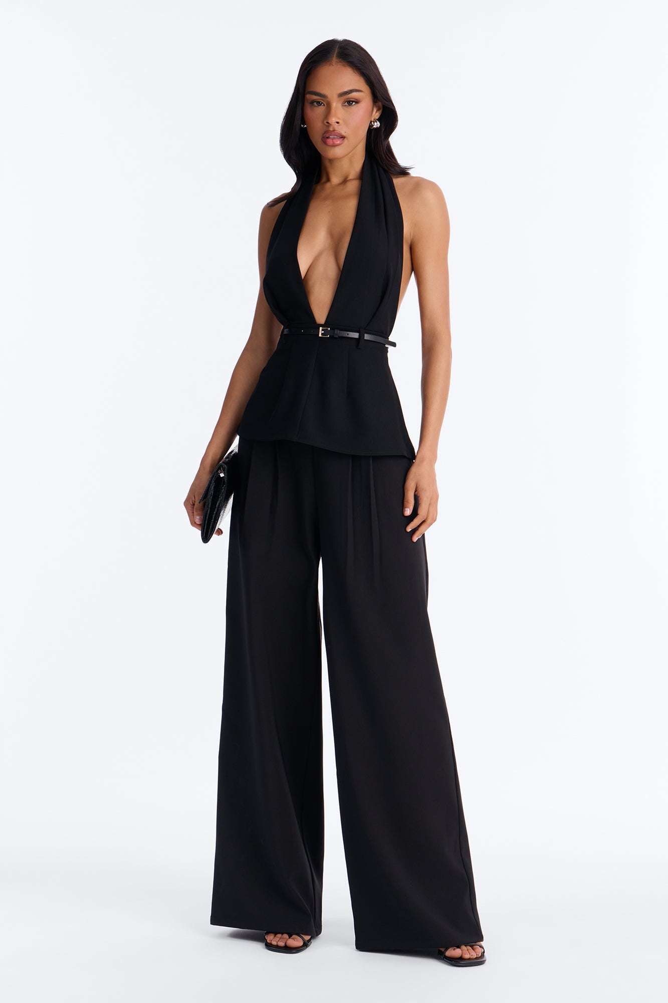 Minimal Talk Belted Twill Halter Top - Black