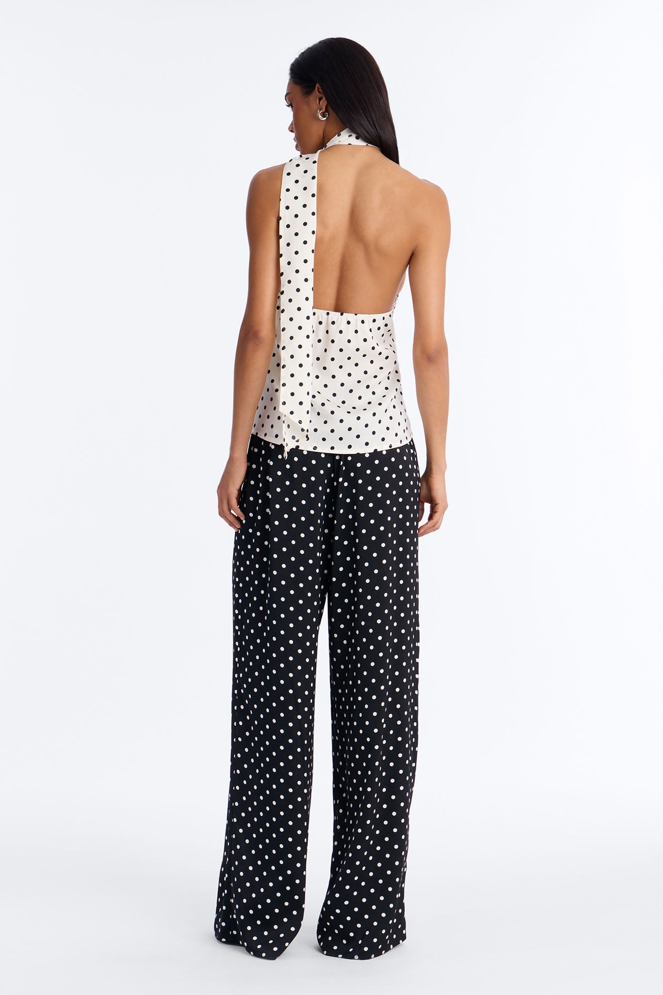 Tasha Satin Polka Dot Halter Pant Set - White/Black