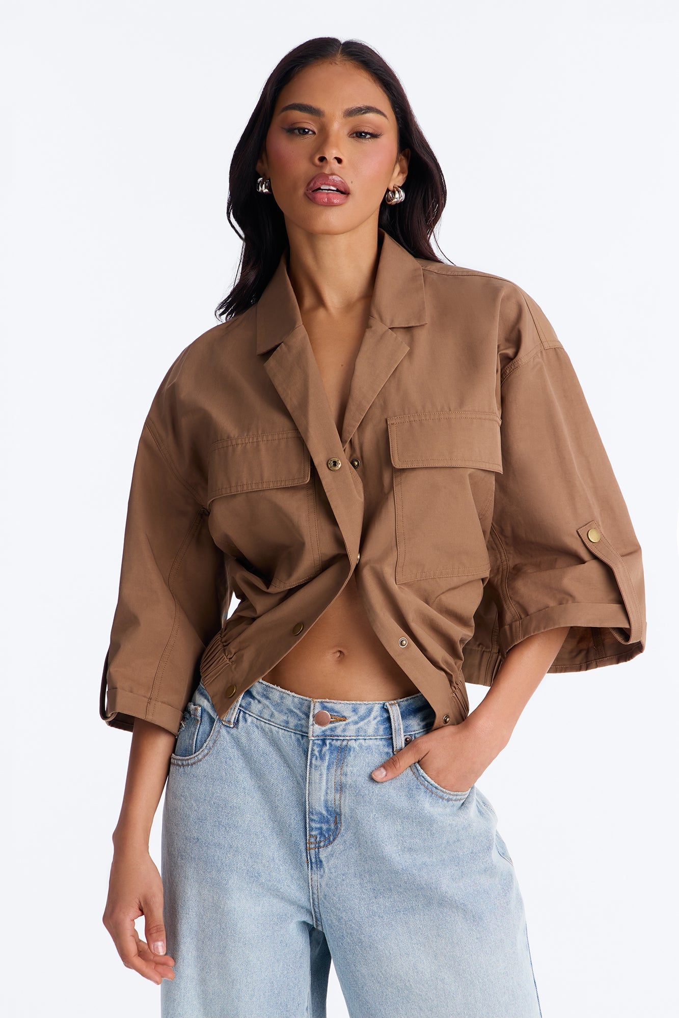 Plans Made Oversized Airflow Shirt - Brown