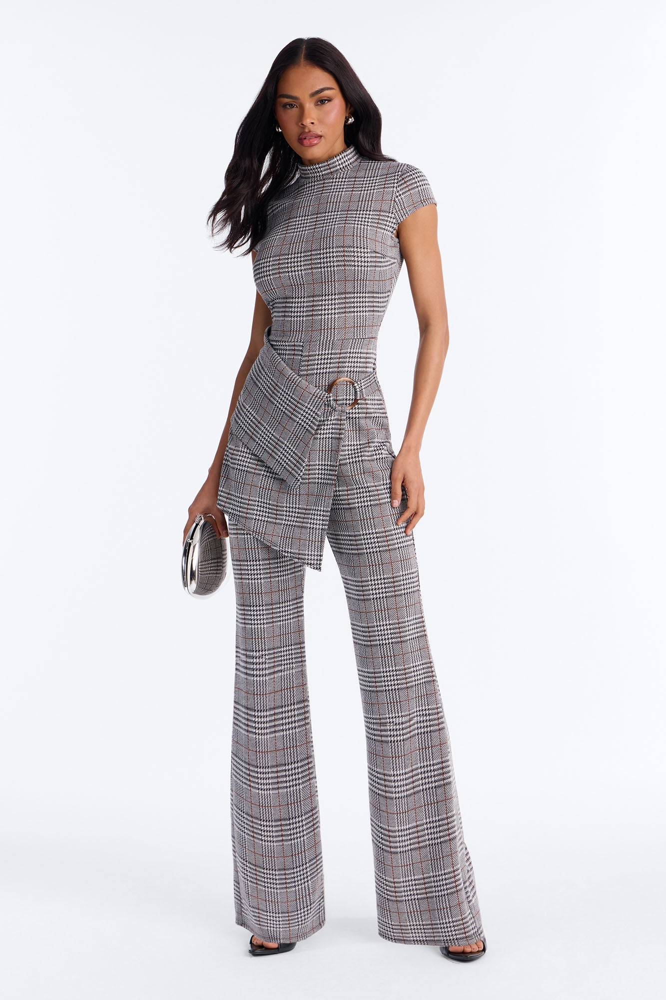Chantel Plaid Draped Jumpsuit - Grey