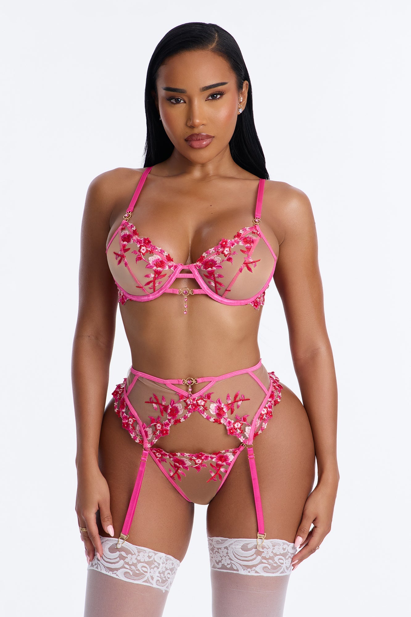 Amara Mesh Embroidered 3 Piece Bra And Panty Garter Set - Fuchsia