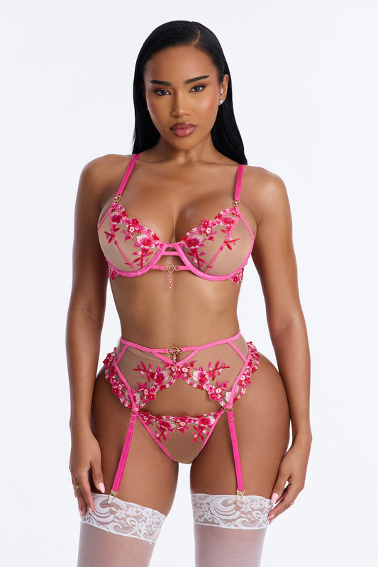 Amara Mesh Embroidered 3 Piece Bra And Panty Garter Set - Fuchsia