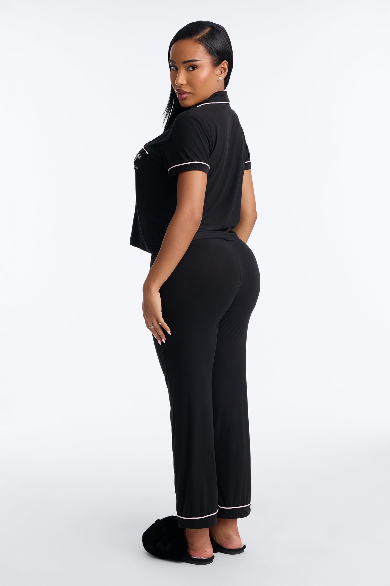 Maid Of Honor Time Notch Collar PJ Pant Set - Black/Pink