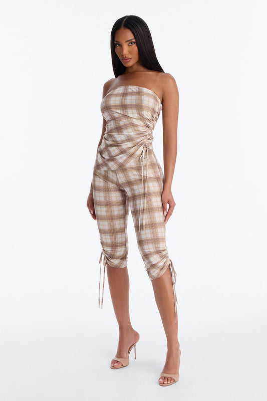 Preppy Plaid Cutie Mesh Capri Set - Taupe/combo