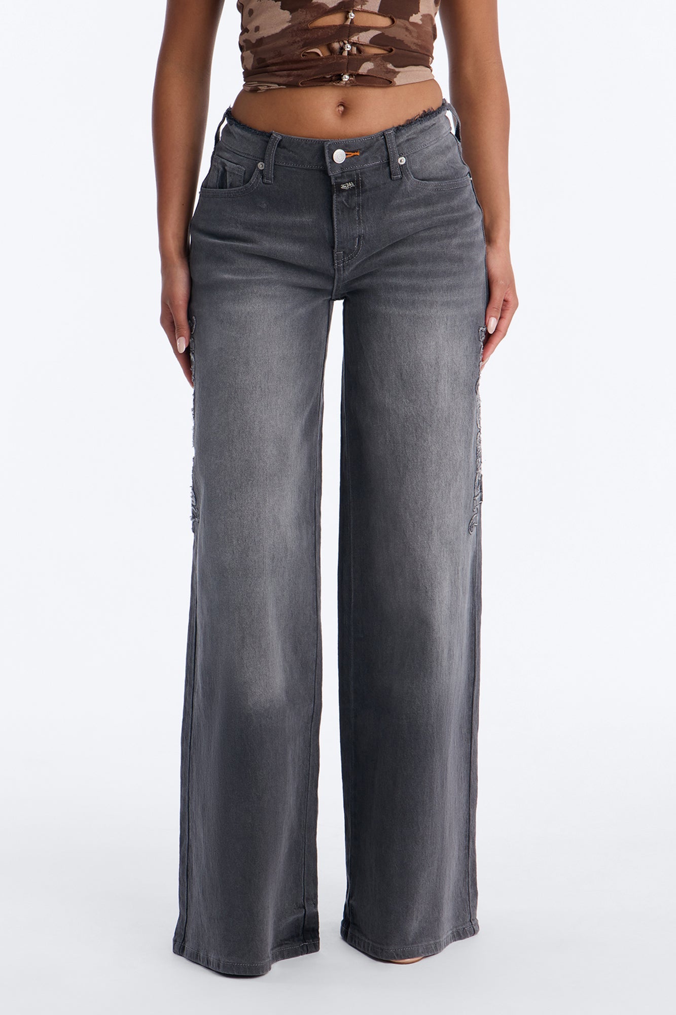 Von Dutch Cut Off Wide Leg Jeans - Grey