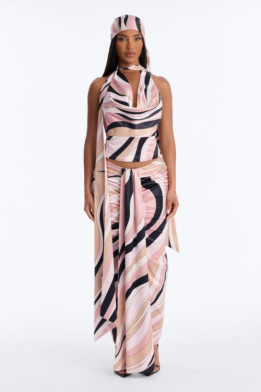 Untamed Abstract Satin Cowl Top And Head Scarf - Pink/combo