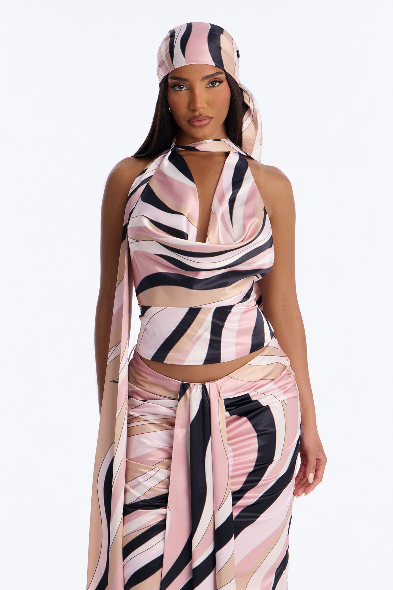 Untamed Abstract Satin Cowl Top And Head Scarf - Pink/combo