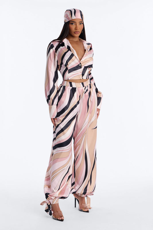 Untamed Abstract Satin Pant Set And Head Scarf - Pink/combo