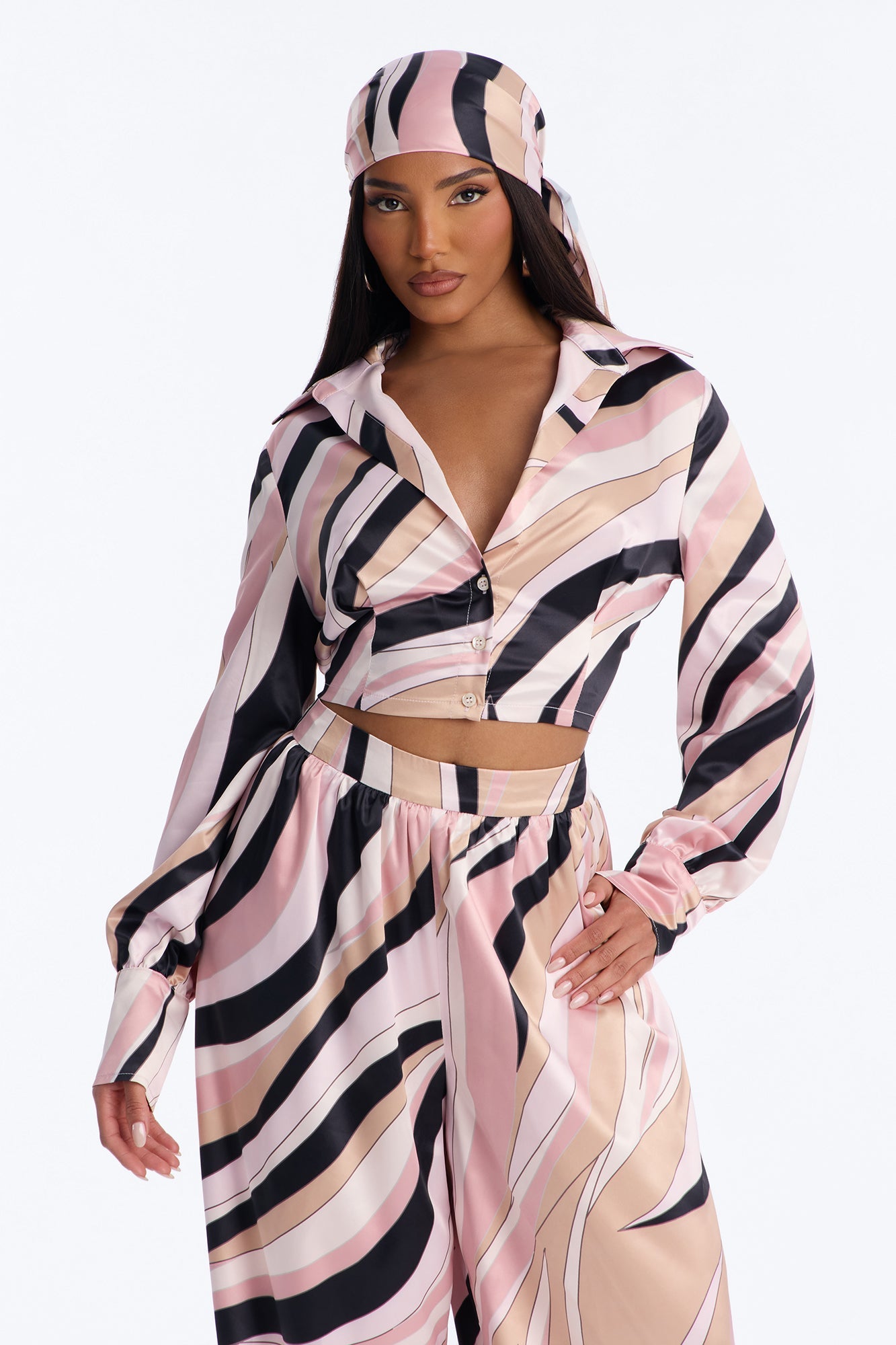 Untamed Abstract Satin Pant Set And Head Scarf - Pink/combo