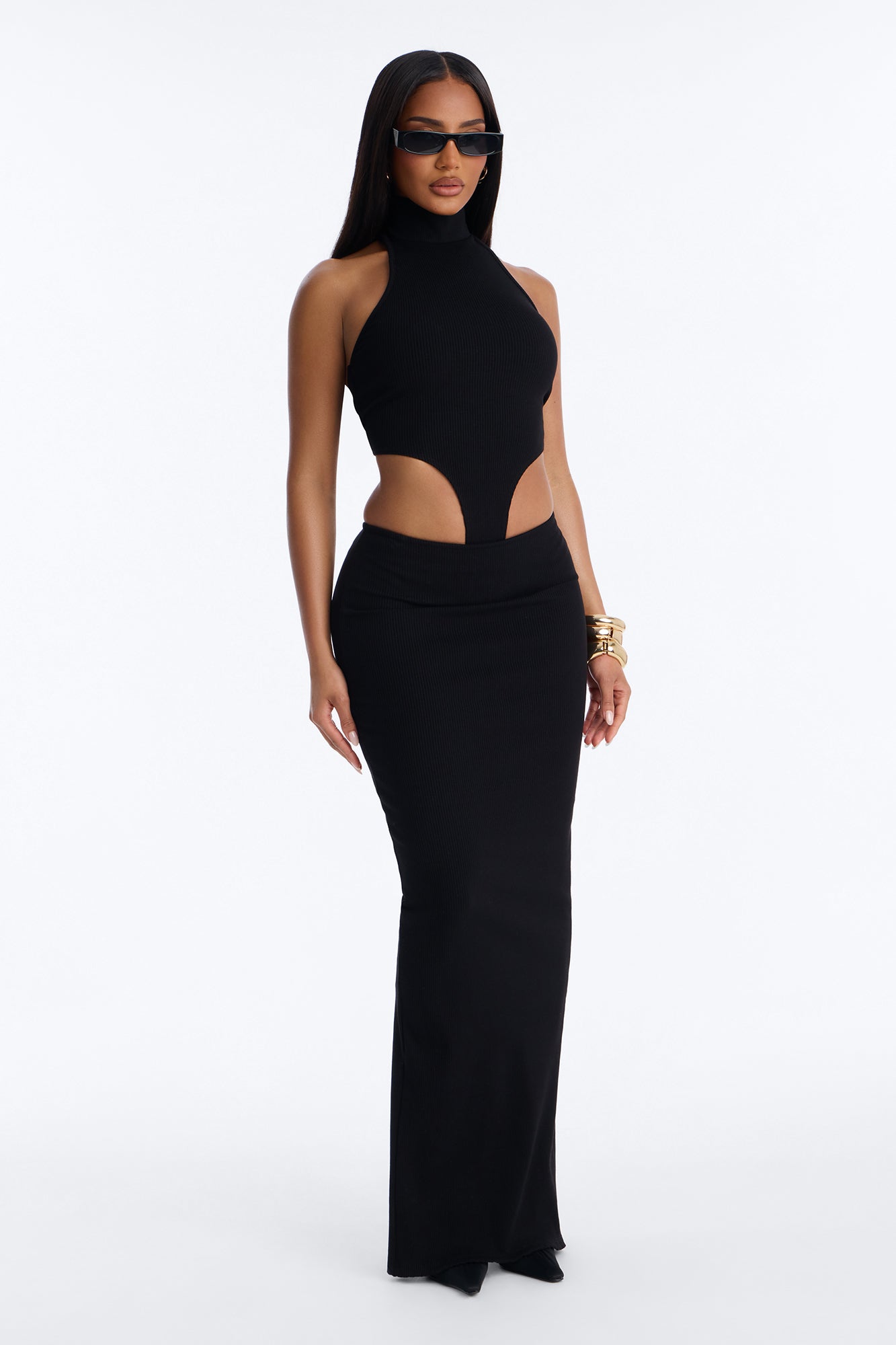 Shayla Snatched High Neck Maxi Skirt Set - Black