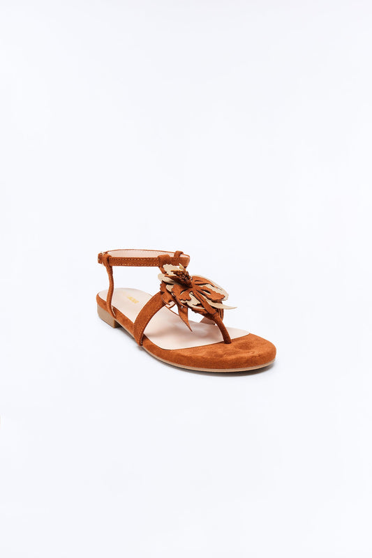 Taya Flower Ankle Strap Sandals - Tan