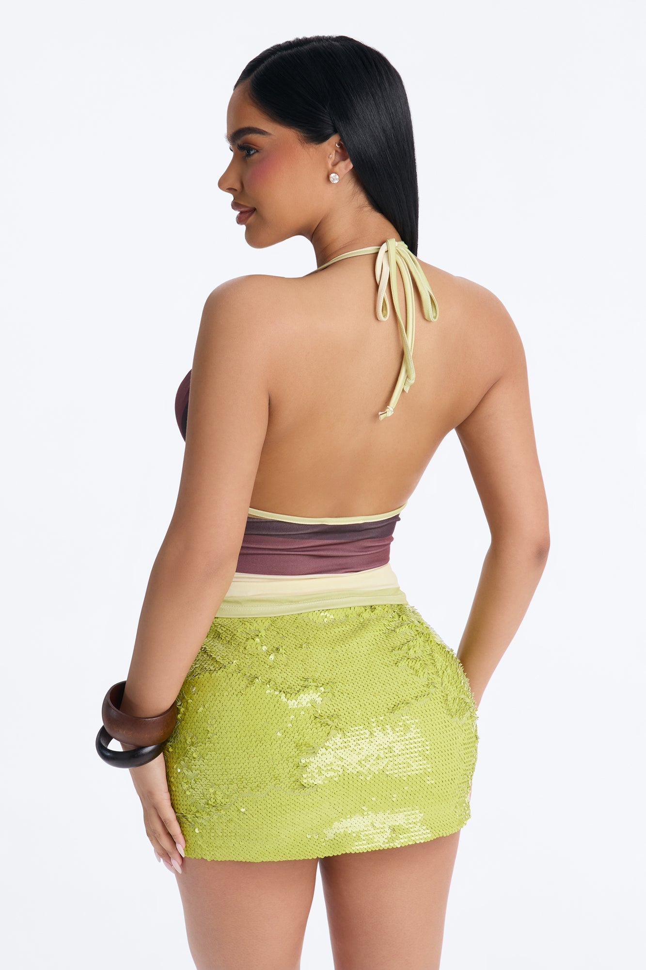 Sabrina Striped V Neck Halter Top - Green/combo