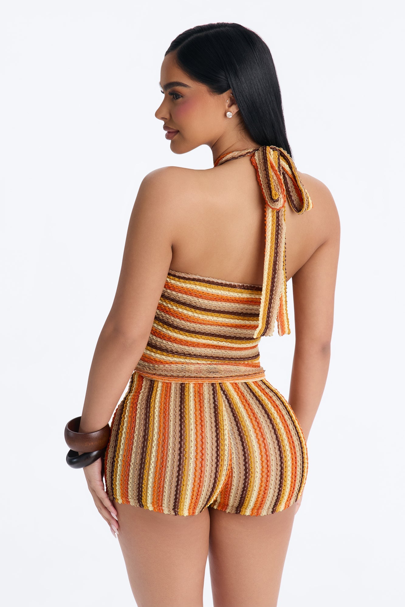 Sienna Striped Cut Out Crochet Halter Top - Orange