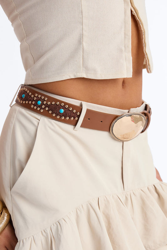 Western Hunt Stones And Studded Faux Leather Belt - Brown/combo