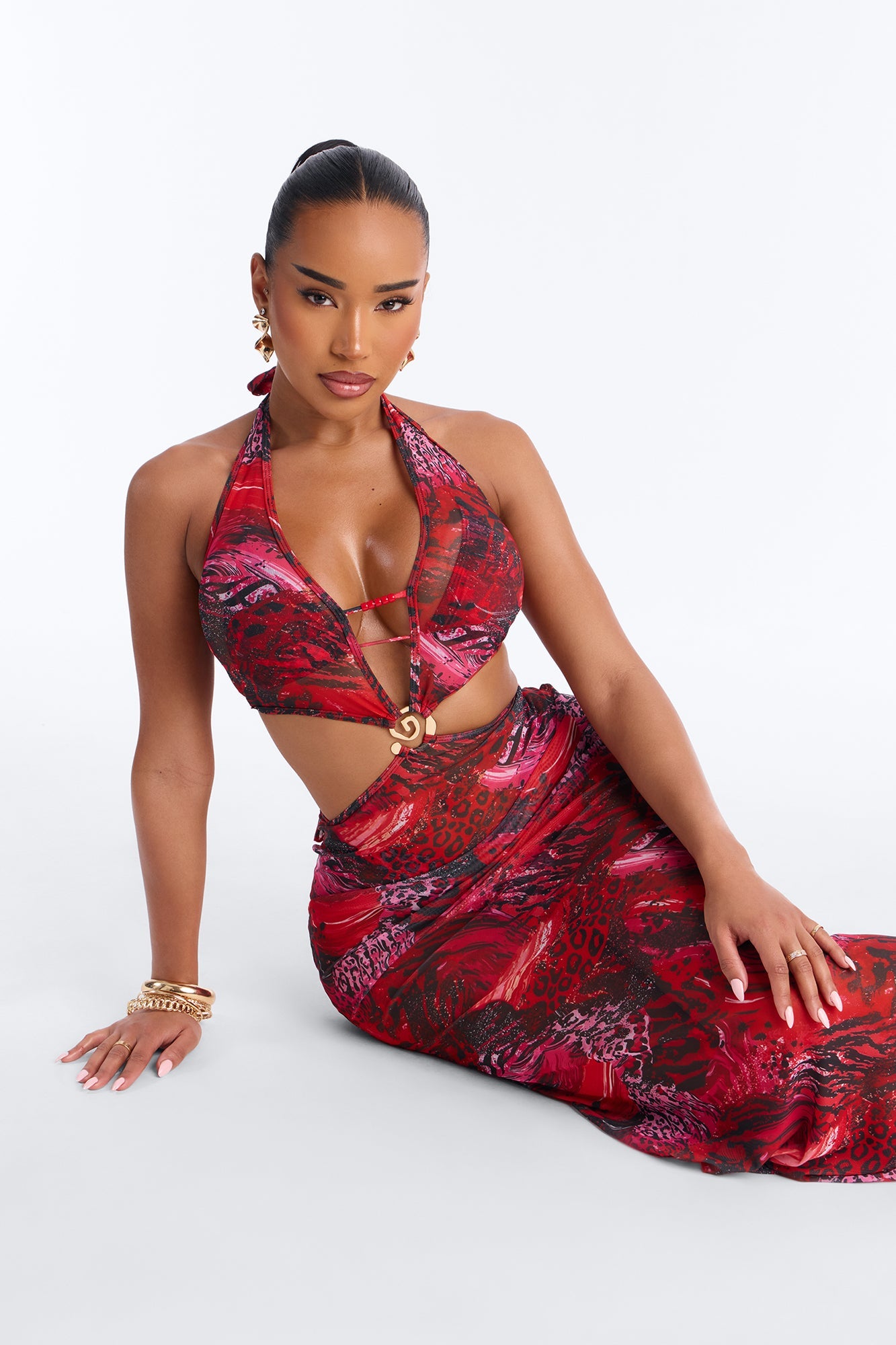 Azure Aura Mesh Beaded 3 Piece Bikini Sunsuit - Red/combo