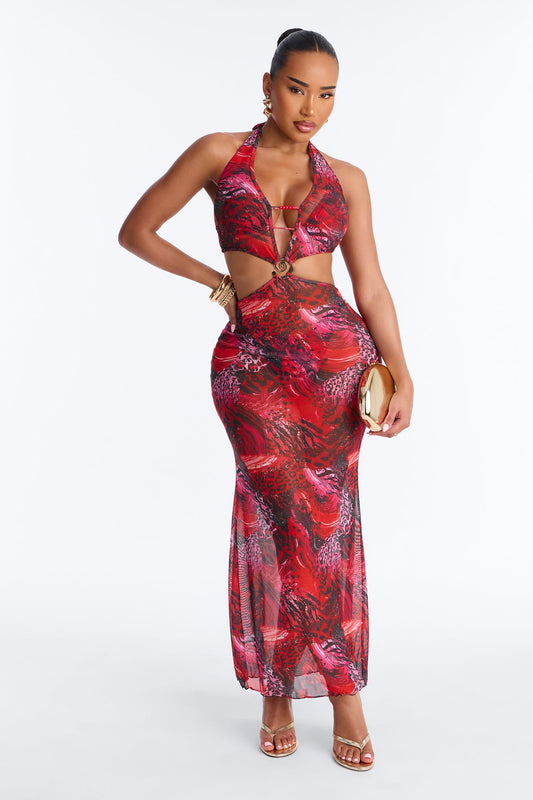 Azure Aura Mesh Beaded 3 Piece Bikini Sunsuit - Red/combo