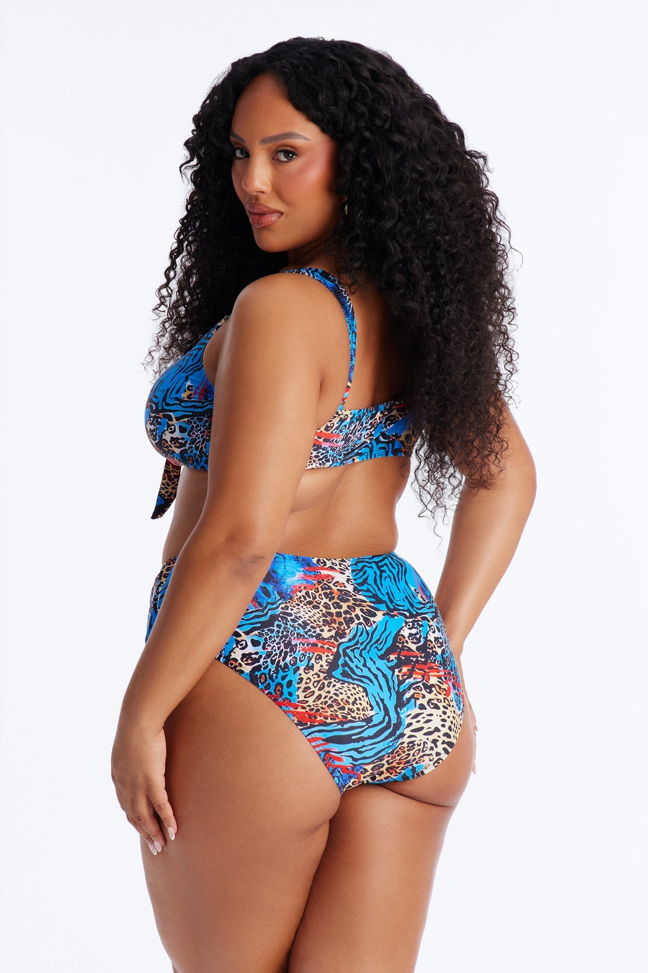 Unstoppable Wild Paradise Animal Front Tie Ruching High Waist Midi 3 Piece Bikini Komono Set - Blue/combo