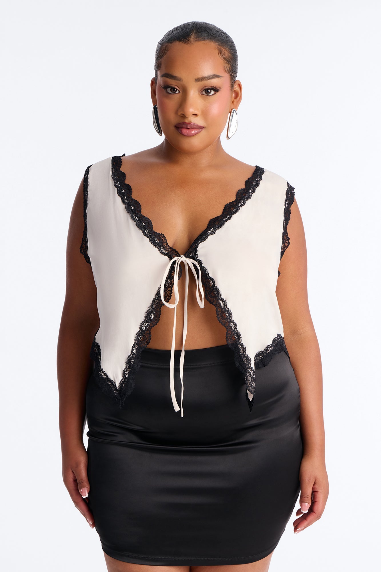 Just Getting Started Tie Front Lace Trim Top - Cream/combo Fashion Nova