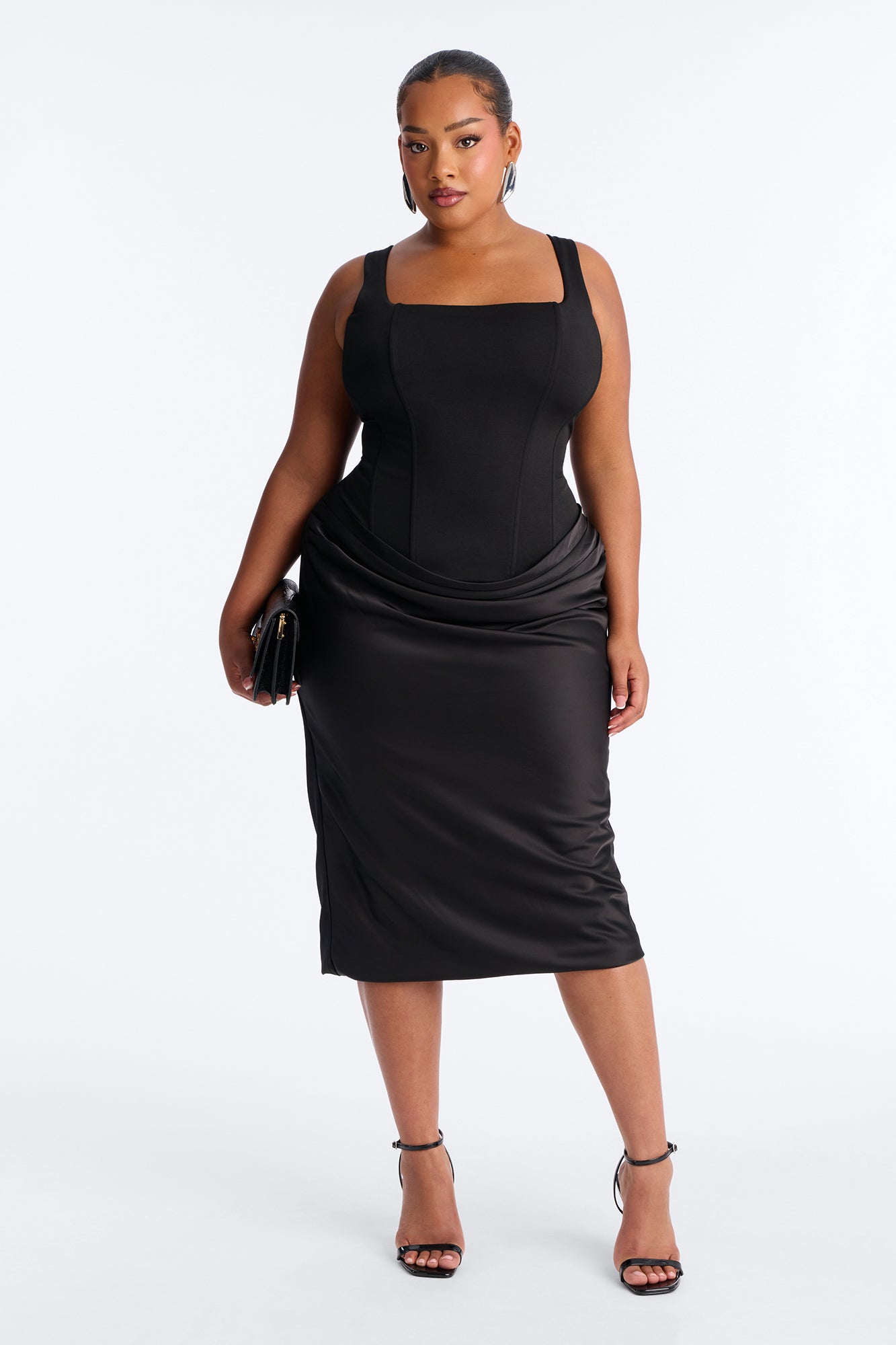 Haley Corset Draped Satin Midi Dress - Black Fashion Nova