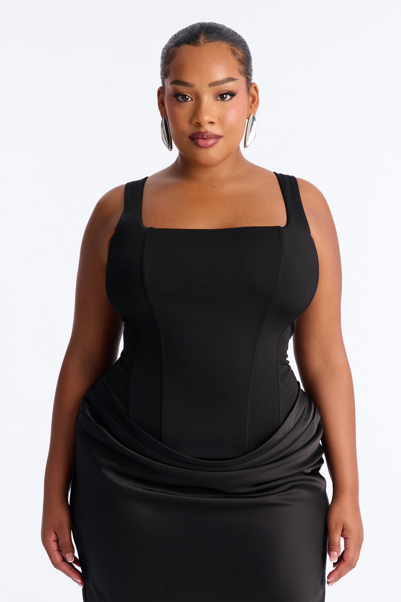 Haley Corset Draped Satin Midi Dress - Black Fashion Nova