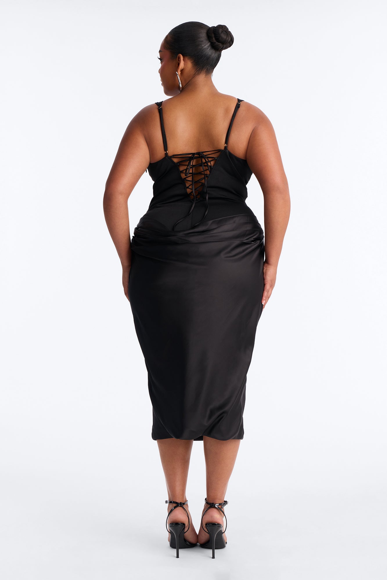 Haley Corset Draped Satin Midi Dress - Black Fashion Nova